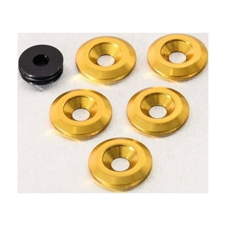Five gold countersunk alloy washers, each with a central hole, accompanied by a single black washer, all designed for M6 bolts.