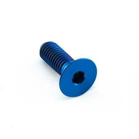 Countersunk titanium bolt in blue, measuring M5 x 0.80mm x 15mm, featuring a hexagonal socket head and smooth finish, ideal for lightweight applications.