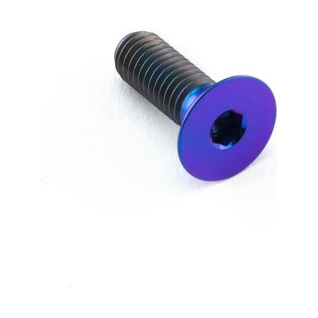 Countersunk titanium bolt in purple, measuring M5 x 0.80mm x 15mm, featuring a hexagonal socket head and finely threaded shaft for secure fastening.