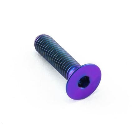 Countersunk titanium bolt in purple, measuring M5 x 0.80mm x 20mm with a 15mm head, featuring a hexagonal socket for easy installation.