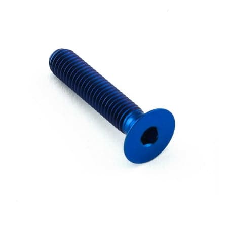 Countersunk M5 titanium bolt in vibrant blue, measuring 25mm with a 0.80mm thread pitch, featuring a hexagonal socket for easy installation.