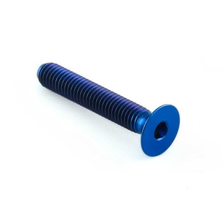 Countersunk M5 titanium bolt in vibrant blue, measuring 30mm in length with a 19mm wide head and fine threading, designed for lightweight and durable fastening.