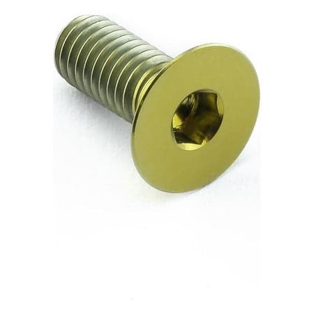 Countersunk gold titanium bolt with M6 x 1.00mm thread and 15mm length, featuring a hexagonal socket and smooth, shiny finish.