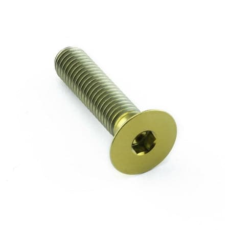 Gold titanium countersunk bolt, M8 x 1.25mm x 35mm, featuring a smooth, shiny finish and hexagonal socket head for easy installation.