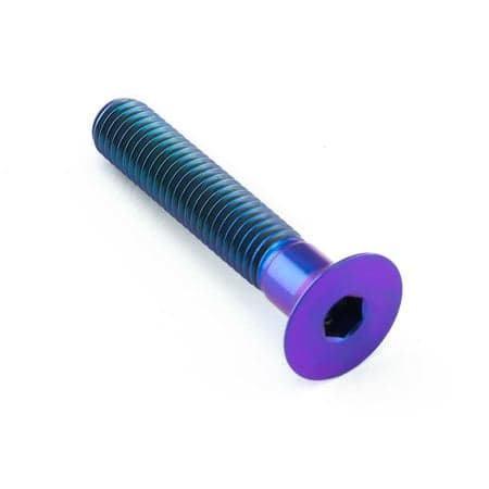 Countersunk titanium bolt in purple, measuring M8 x 1.25mm x 45mm, featuring a hexagonal socket and smooth, shiny finish for a sleek appearance.