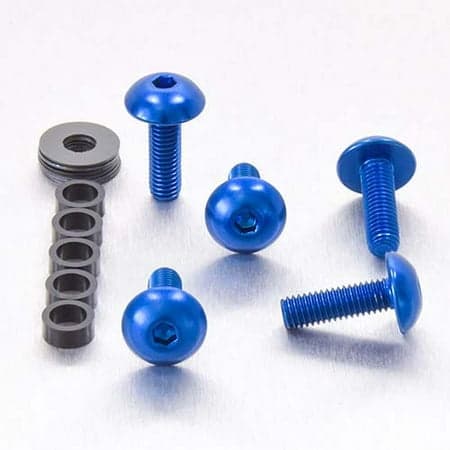 Blue dome head alloy bolts, measuring M5 x 0.80mm x 12mm x 16mm, with a shiny finish, accompanied by a black spacer and multiple washers.