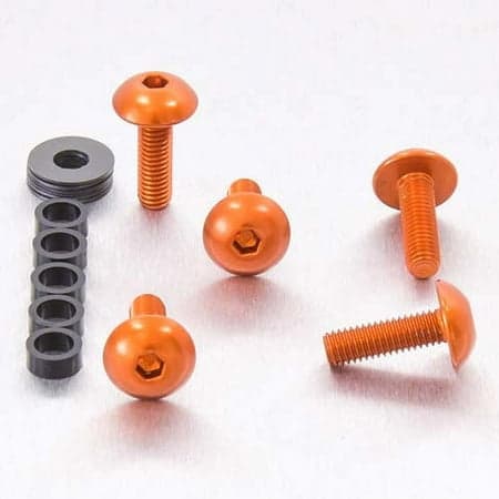 Pro-Bolt dome head alloy bolts in vibrant orange, featuring M5 x 0.80mm x 12mm and 16mm sizes, accompanied by a black washer and a set of hexagonal bolts.