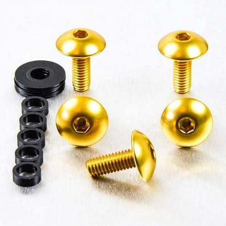 Gold dome head alloy bolts with M6 x 1.00mm x 16mm dimensions, accompanied by black washers, showcasing a shiny finish and hexagonal socket heads.