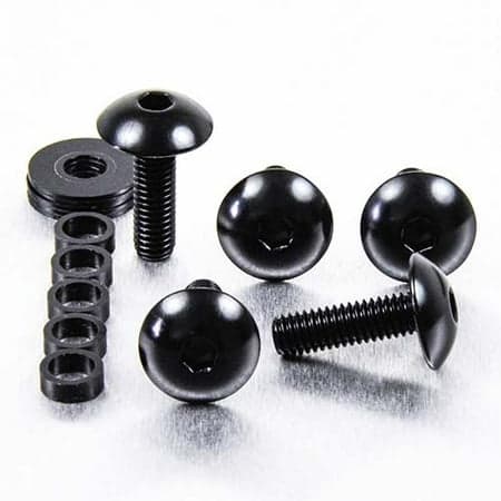 Black dome head alloy bolts in various lengths (16mm and 20mm), featuring a hex socket drive, accompanied by matching washers and spacers, all with a sleek, polished finish.