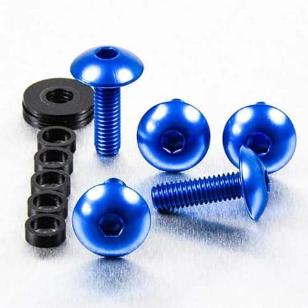 Blue dome head alloy bolts in M6 x 1.00mm x 16mm and 20mm sizes, featuring a shiny finish, alongside a black nylon washer.