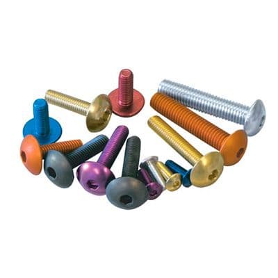 Red dome head alloy bolts in M6 size, measuring 16mm and 20mm, surrounded by various colored bolts showcasing different finishes and head styles.