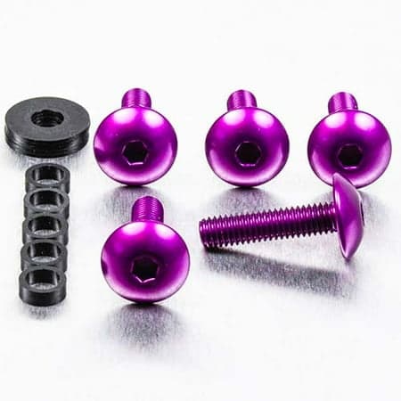 Purple anodized alloy dome head bolts with M6 x 1.00mm x 16mm and 25mm sizes, accompanied by a black washer and a set of spacers.