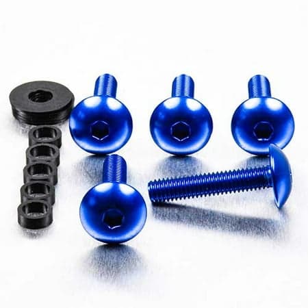 Blue anodized dome head alloy bolts in M6 size, featuring hexagonal sockets, accompanied by a black washer and spacer, all set against a metallic background.