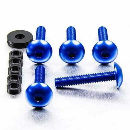 Four blue dome head alloy bolts with M6 x 1.00mm x 16mm and 35mm sizes, accompanied by a black washer and a spacer, all set against a metallic background.