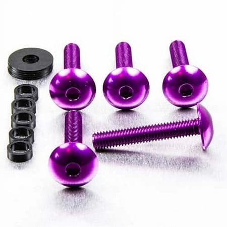 Purple dome head alloy bolts, M6 x 1.00mm x 16mm x 35mm, with a shiny finish, accompanied by a black washer and hex nuts.
