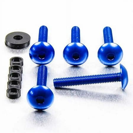 Four blue dome head alloy bolts (M6 x 1.00mm x 16mm x 40mm) alongside a black nut and spacers, showcasing a shiny finish and hexagonal socket design.