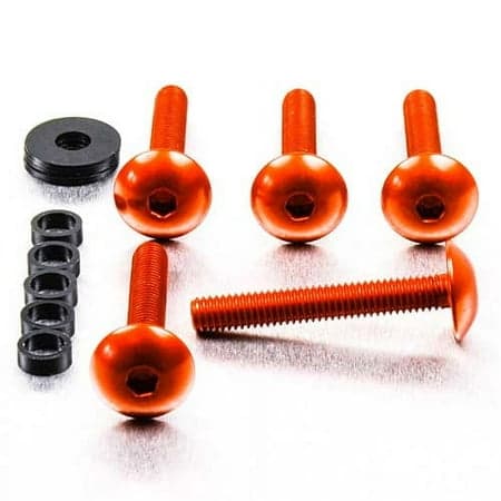 Four orange dome head alloy bolts with M6 x 1.00mm x 16mm x 40mm specifications, accompanied by a black washer and a set of spacers.