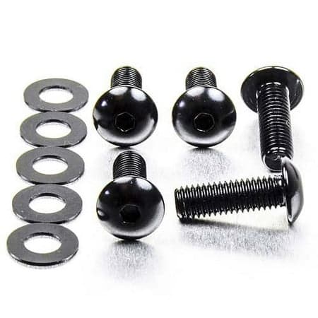 Black dome head alloy bolts in M8 size, measuring 1.25mm x 16mm and 25mm, accompanied by matching black washers, showcasing a sleek, durable design.