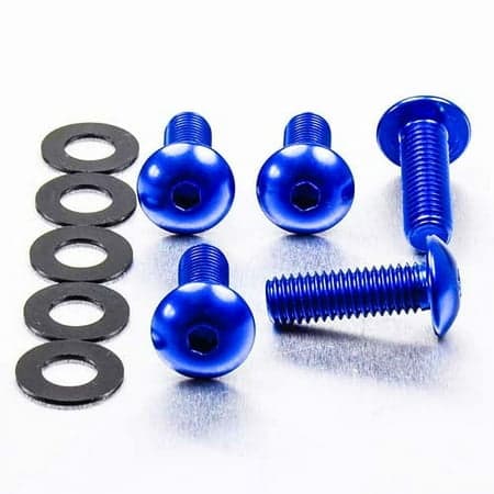 Blue dome head alloy bolts with M8 x 1.25mm x 16mm x 25mm dimensions, accompanied by six black washers, showcasing a shiny finish and hexagonal socket design.