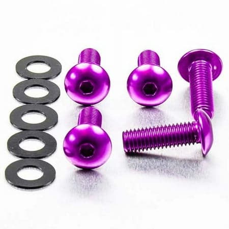 Purple dome head alloy bolts (M8 x 1.25mm x 16mm x 25mm) with six black washers, showcasing a shiny finish and hexagonal socket for easy installation.