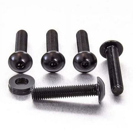 Black alloy dome head bolts, M8 size, measuring 16mm and 40mm in length, with a smooth finish and included nut, arranged neatly on a light surface.