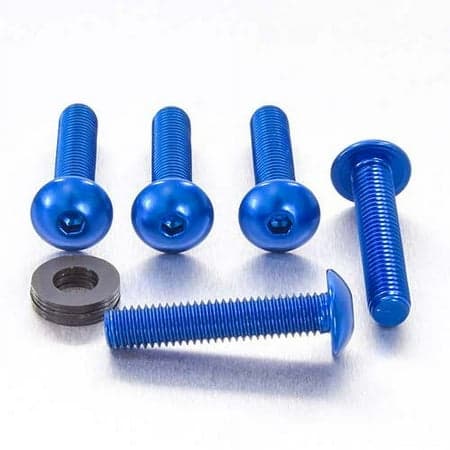 Four blue dome head alloy bolts with M8 x 1.25mm x 16mm x 40mm dimensions, accompanied by a flat washer, showcasing a shiny finish and hex socket drive.