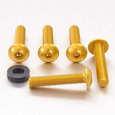 Gold dome head alloy bolts in M8 x 1.25mm x 16mm x 40mm sizes, featuring a smooth finish, hex socket, and a black washer included in the set.