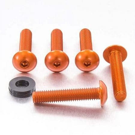 Four orange dome head alloy bolts, sized M8 x 1.25mm x 16mm x 40mm, with a black washer, showcasing a smooth finish and hexagonal socket heads.