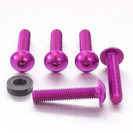 Purple dome head alloy bolts, M8 x 1.25mm x 16mm x 40mm, with a shiny finish, accompanied by a metallic washer, showcasing a sleek and vibrant design.