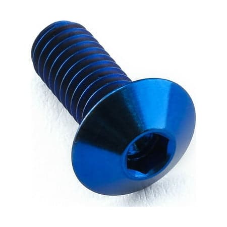 Blue titanium dome head bolt with M4 threading, measuring 10mm in length and 8mm in diameter, featuring a hex socket for easy installation.