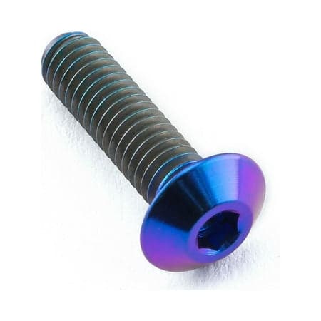 Purple titanium dome head bolt with M4 x 0.70mm thread, measuring 15mm in length, featuring a hex socket drive and a shiny finish.