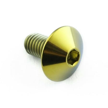 Gold titanium dome head bolt with M5 x 0.80mm thread, measuring 12mm in diameter and 10mm in length, featuring a hexagonal socket for easy installation.