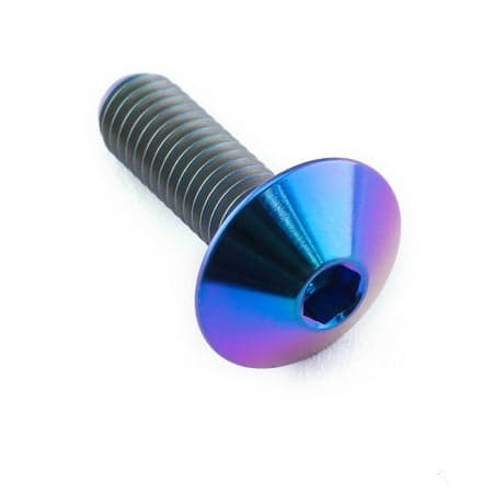 Purple titanium dome head bolt with a hexagonal socket, measuring M5 x 0.80mm, and a length of 16mm, featuring a shiny, reflective surface.