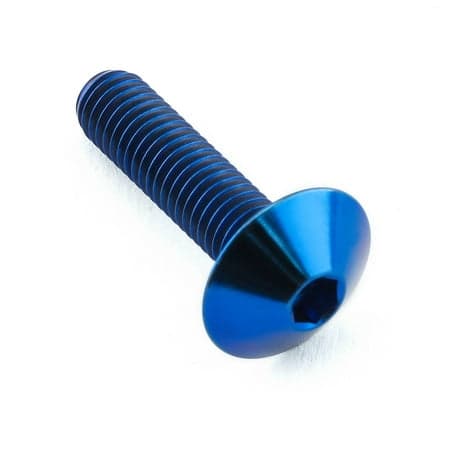 Blue dome head titanium bolt with a hexagonal socket, measuring M5 x 0.80mm (12mm) x 20mm, featuring a smooth, polished finish and visible threading.