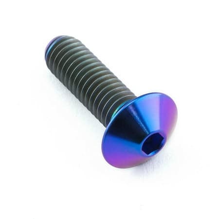 Purple titanium dome head bolt with a hex socket, measuring M6 x 1.00mm (12mm) x 20mm, featuring a shiny, iridescent finish.