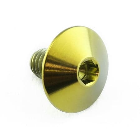 Gold titanium dome head bolt with a hexagonal socket, measuring M6 x 1.00mm (16mm) x 10mm, featuring a polished finish for durability and aesthetic appeal.