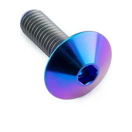Purple titanium dome head bolt with a hexagonal socket, measuring M6 x 1.00mm and 20mm in length, showcasing a shiny, iridescent finish.