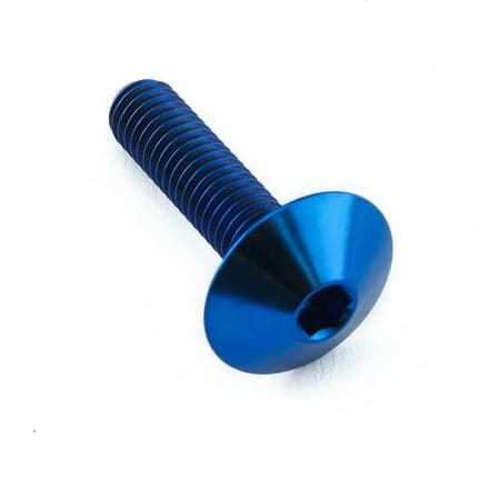 Blue titanium dome head bolt with a hexagonal socket, measuring M6 x 1.00mm (16mm) x 25mm, featuring a smooth, polished finish and visible threading along the shaft.