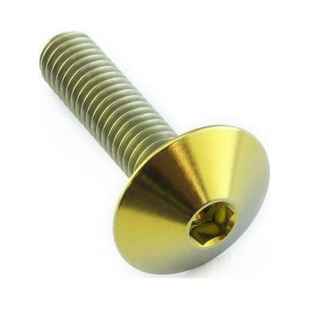 Gold titanium dome head bolt, M6 size with a 1.00mm thread pitch, featuring a smooth, shiny finish and a hexagonal socket for easy installation.