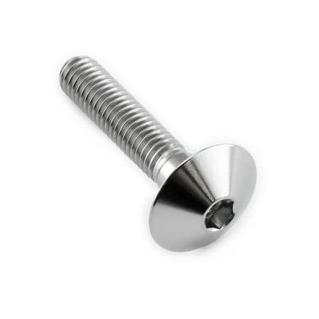 Dome head titanium bolt in natural finish, M6 x 1.00mm thread, 16mm head diameter, 30mm length, featuring a hex socket for easy installation.
