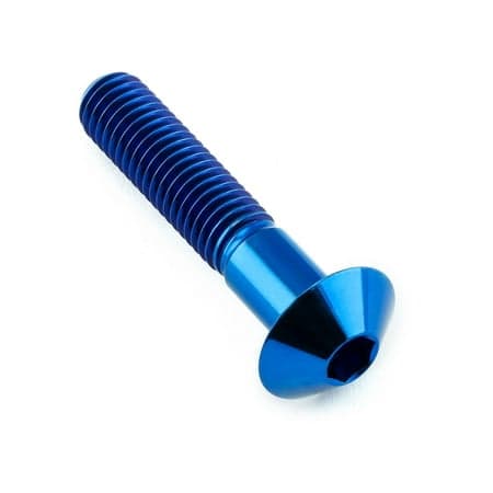 Blue titanium dome head bolt with M8 x 1.25mm thread, measuring 16mm x 40mm, featuring a smooth finish and hexagonal drive for easy installation.