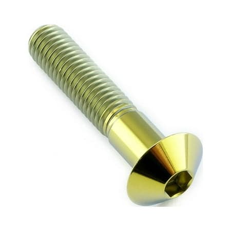 Gold titanium dome head bolt with M8 x 1.25mm threading, measuring 16mm in diameter and 40mm in length, featuring a shiny, smooth finish.