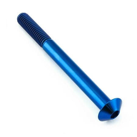 Blue titanium dome head bolt, measuring M8 X 1.25mm (16mm) X 85mm (25mm), featuring a smooth finish and prominent threading along the shaft.