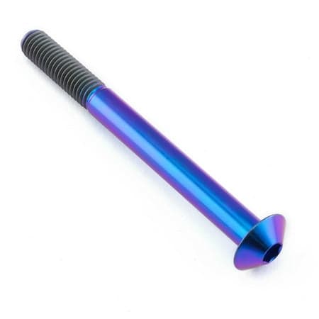 Purple titanium dome head bolt with a smooth finish, measuring M8 X 1.25mm (16mm) X 85mm (25mm), featuring a threaded shaft and a shiny, iridescent surface.