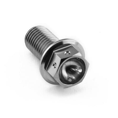 Flanged hex head titanium bolt in silver, measuring M10 x 1.25mm x 20mm, featuring a smooth finish and six-sided head for easy fastening.