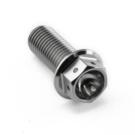 Flanged hex head titanium bolt in silver, measuring M10 x 1.25mm x 25mm, featuring a smooth finish and six-sided head for easy installation.