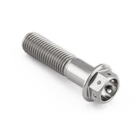 Flanged hex head titanium bolt in silver, measuring M10 x 1.25mm x 40mm, featuring a smooth, polished finish and a hexagonal socket for easy installation.