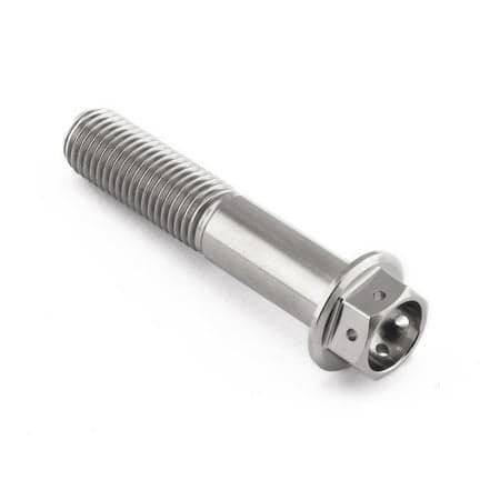 Flanged hex head titanium bolt in silver, measuring M10 X 1.25mm X 50mm, featuring a smooth shaft and a flanged head with six recessed holes for secure fastening.