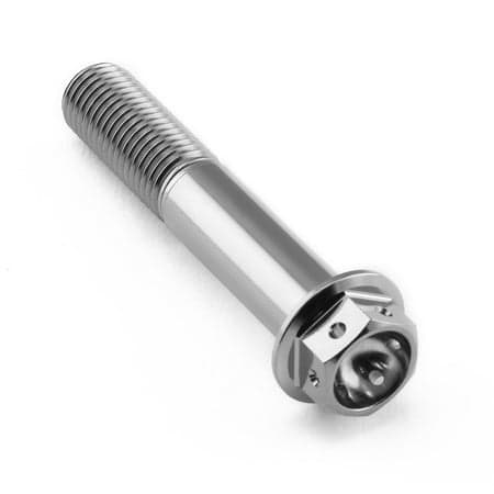 Flanged hex head titanium bolt in silver, measuring M10 x 1.25mm x 55mm, featuring a smooth shaft and a recessed drive for enhanced performance in racing applications.