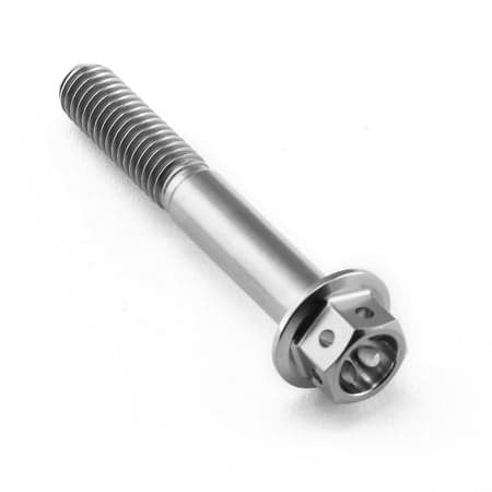 Flanged hex head titanium bolt in silver, measuring M6 X 1.00mm X 40mm, featuring a smooth shaft and six-sided head for enhanced grip and performance.